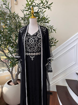 Black Silver Stone Beaded Kuftan