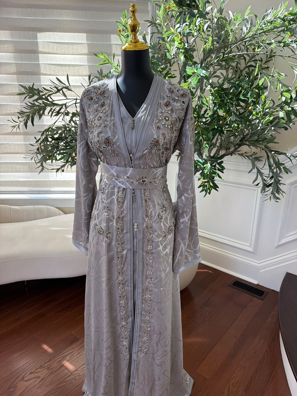 Elegant Silver Gray Embroidered Moroccan Kaftan