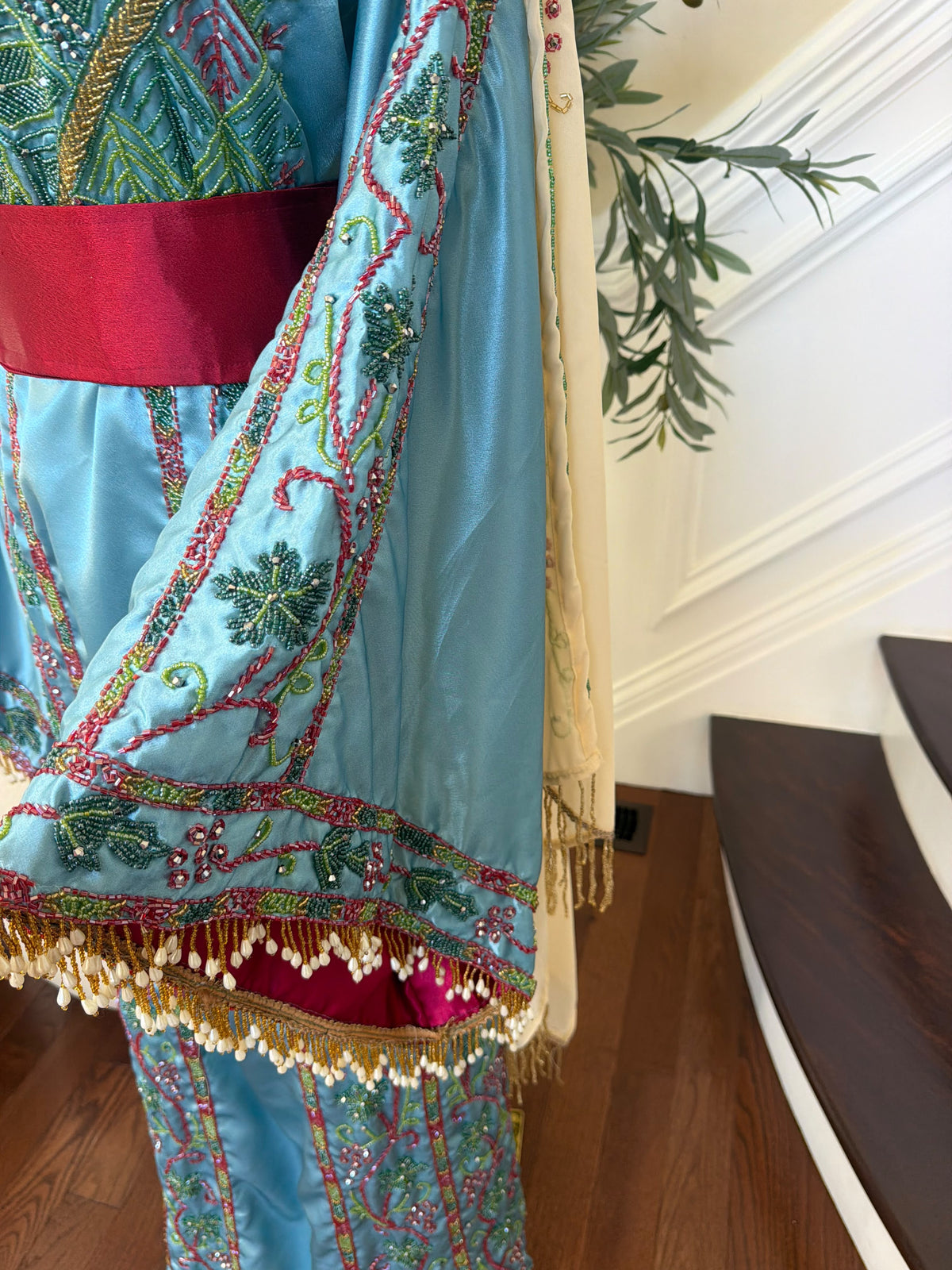Elegant Sky Blue Satin Thobe with Intricate Green and Pink Floral Embroidery, Burgundy Belt(scarf not included)