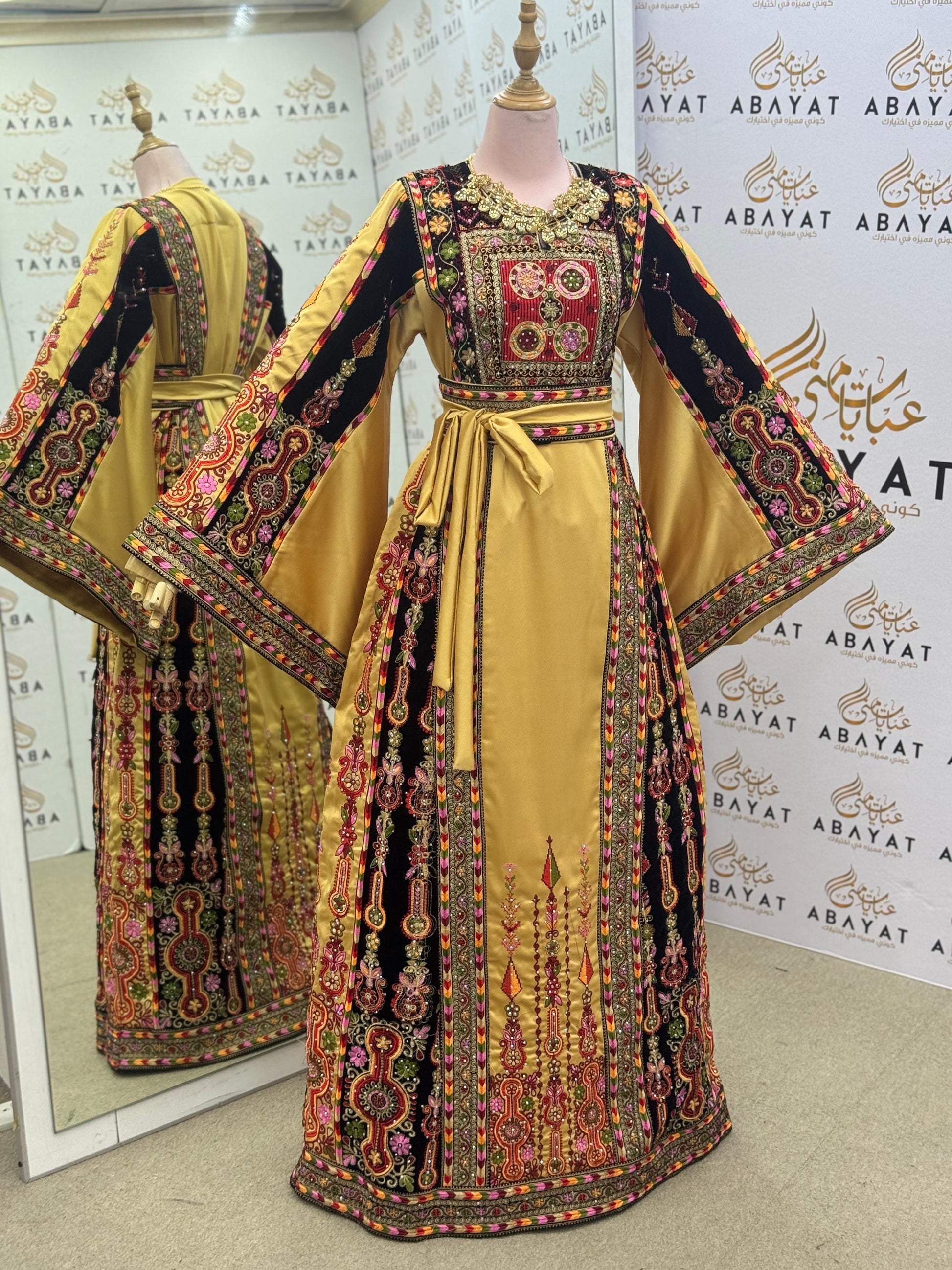 Premium Palestinian Malakah Thobe – Gold Satin & Black Velvet Embroidery