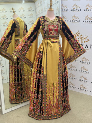 Premium Palestinian Malakah Thobe – Gold Satin & Black Velvet Embroidery