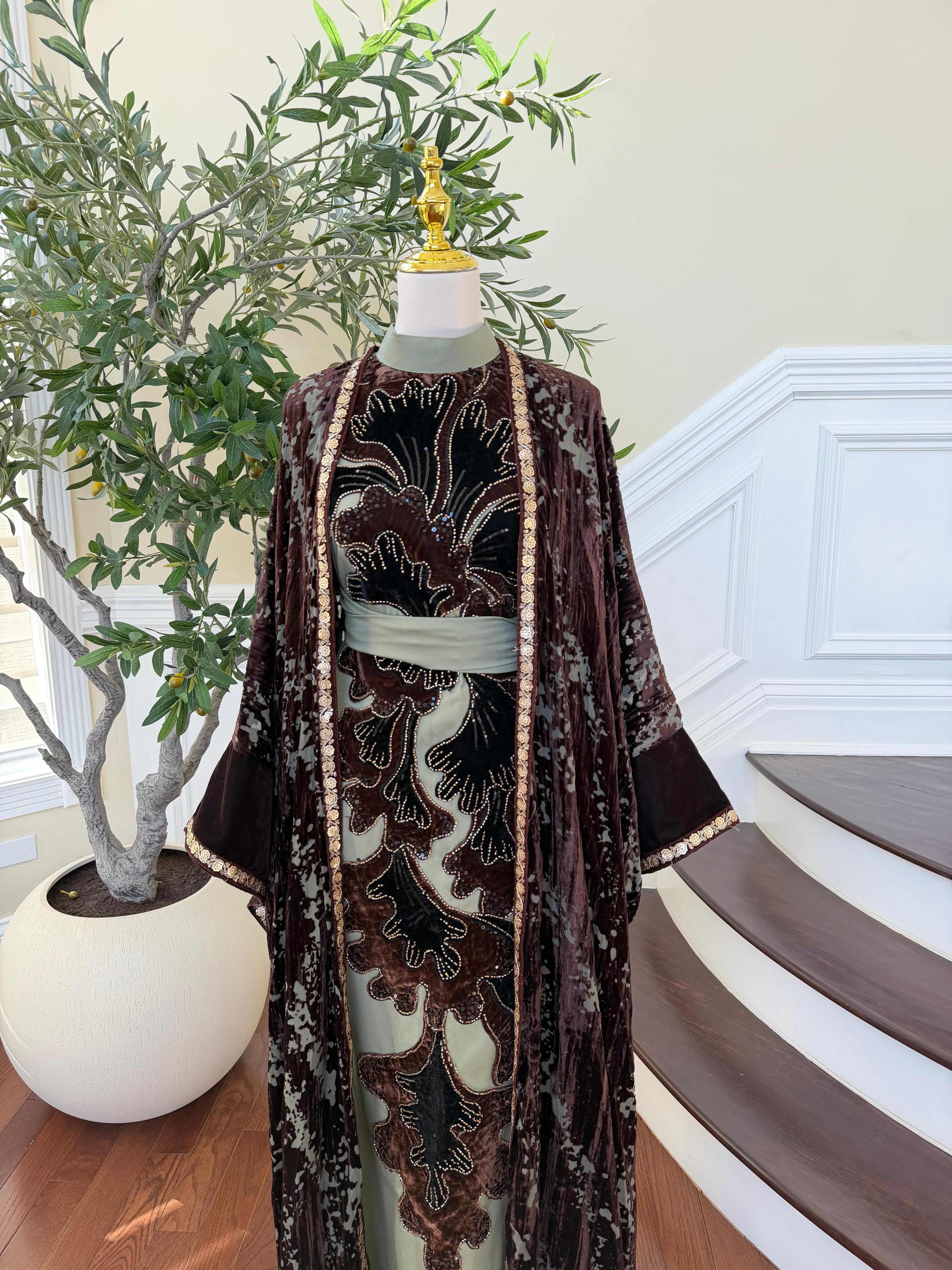 Olive Green Brown Two Piece Abaya