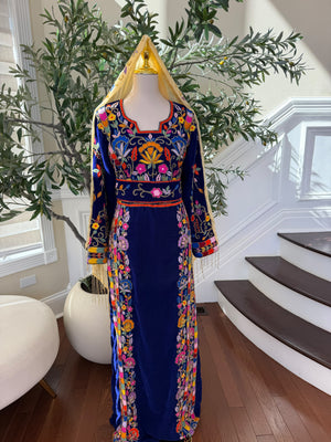 Royal Blue Velvet Palestinian Thobe with Colorful Floral Embroidery – Scarf Not Included