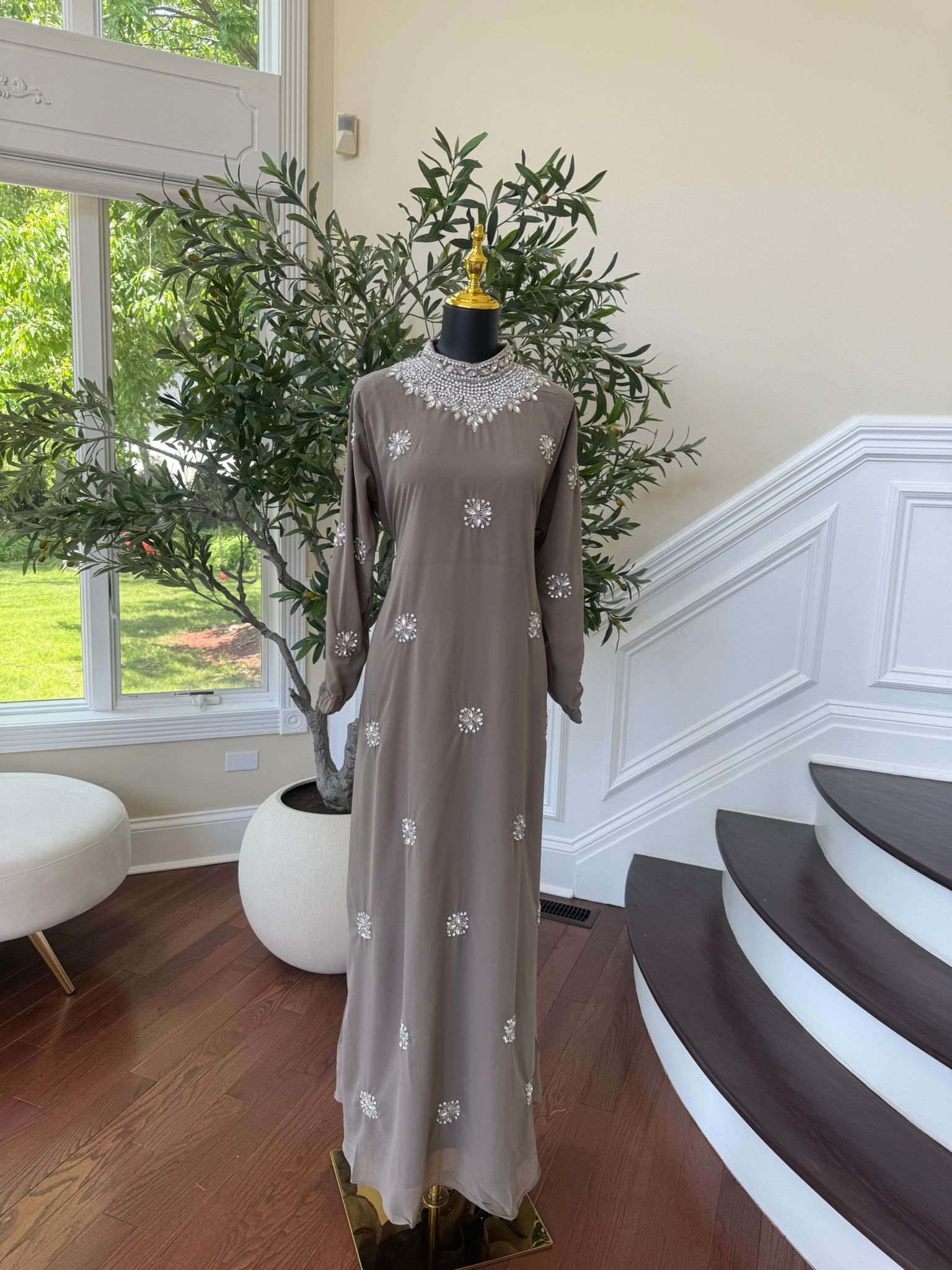Taupe Shine Stonework Maxi Dres