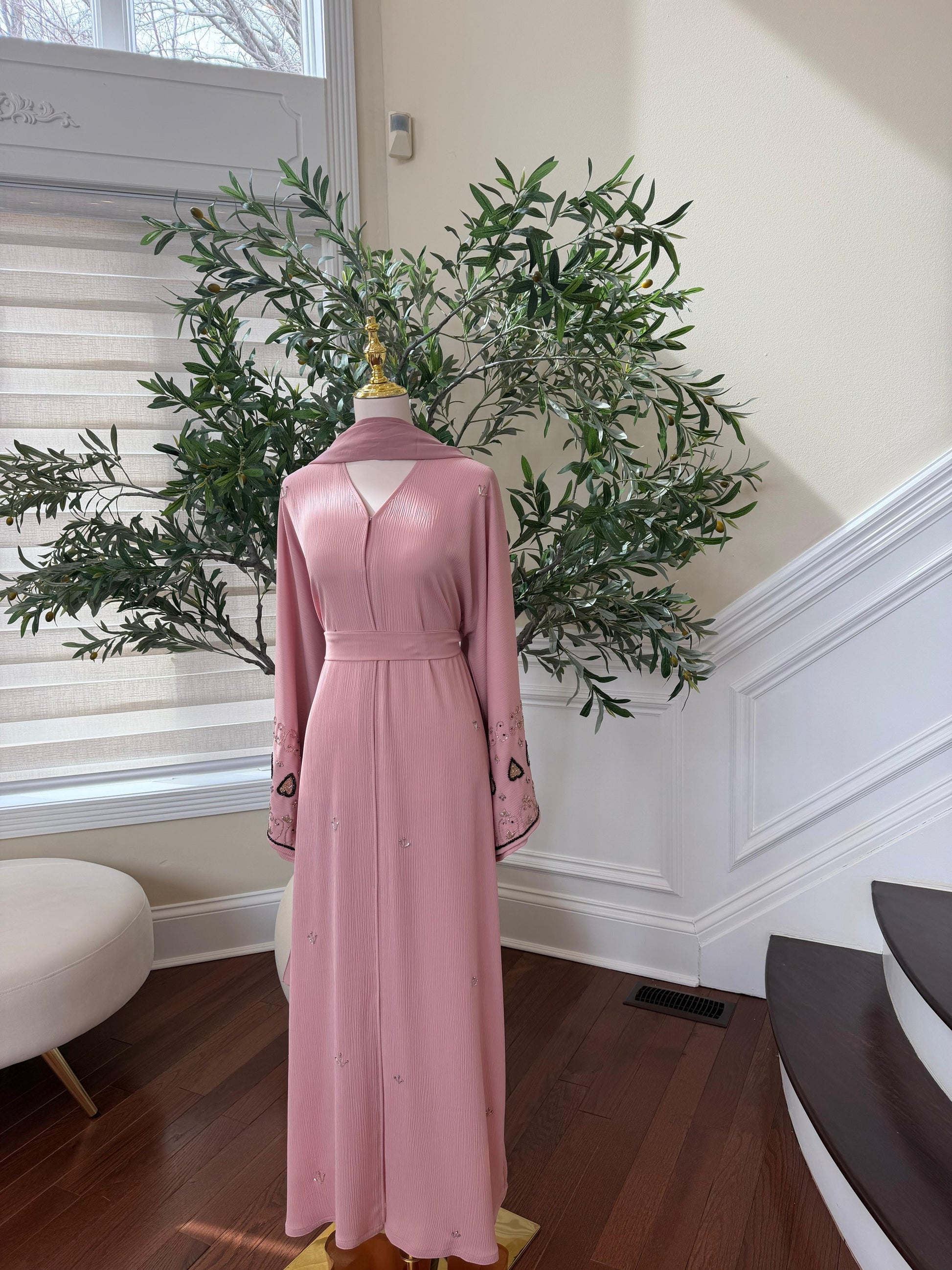 Pink Rose Sleeve Design Beaded Abaya