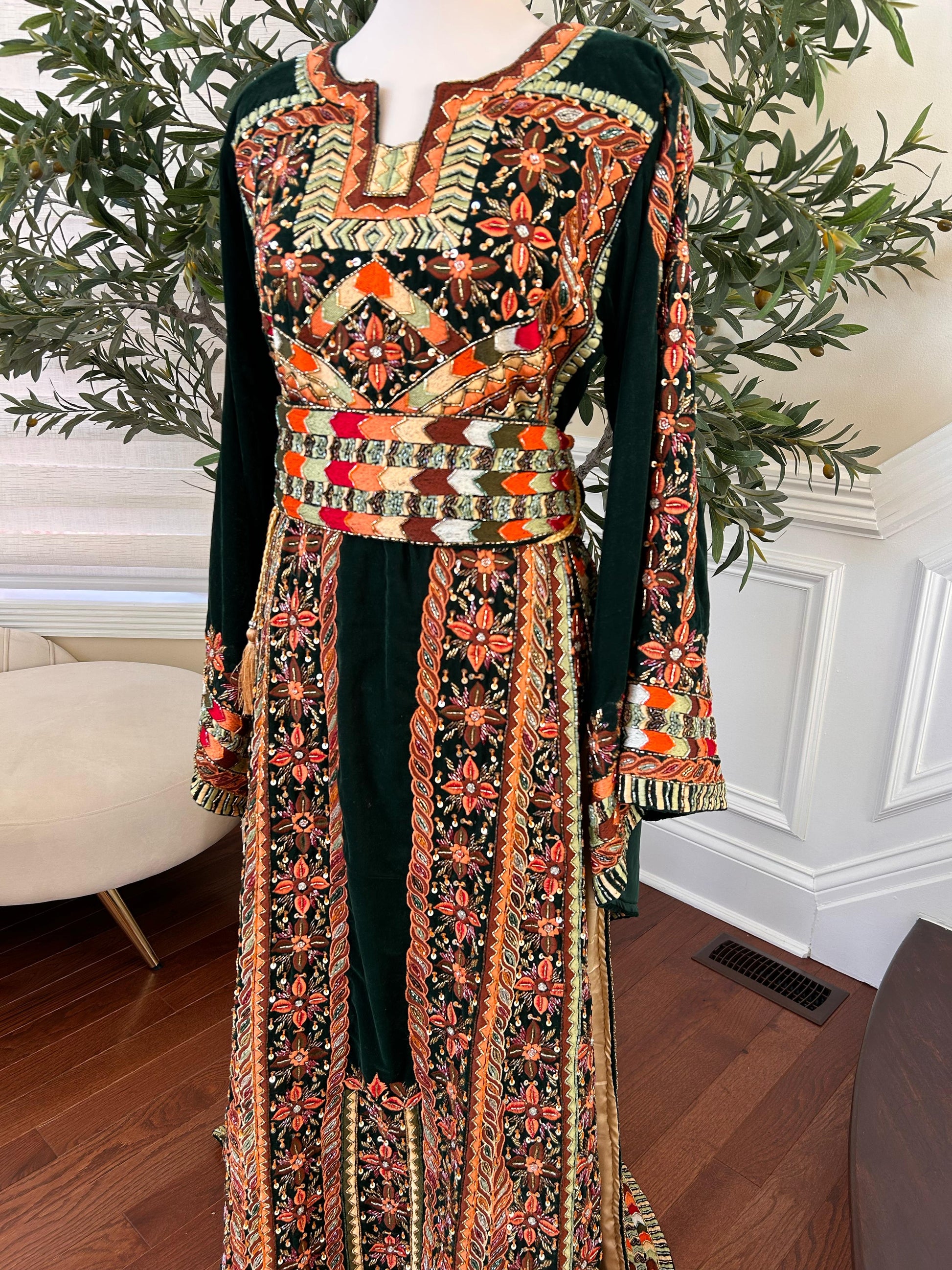 Green Velvet Handmade Embellished Beaded Thobe with Detachable Skirt