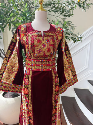Burgundy Embroidery Tatreez Velvet Thobe