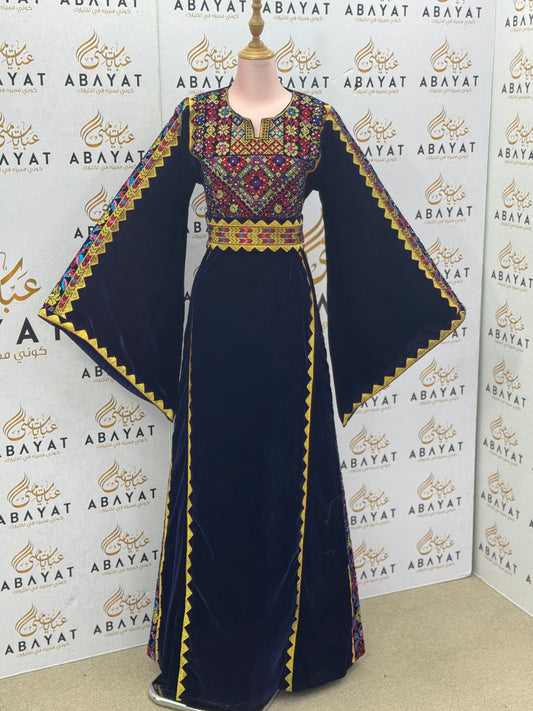 Midnight Blue Velvet Thobe – Traditional Palestinian Embroidery