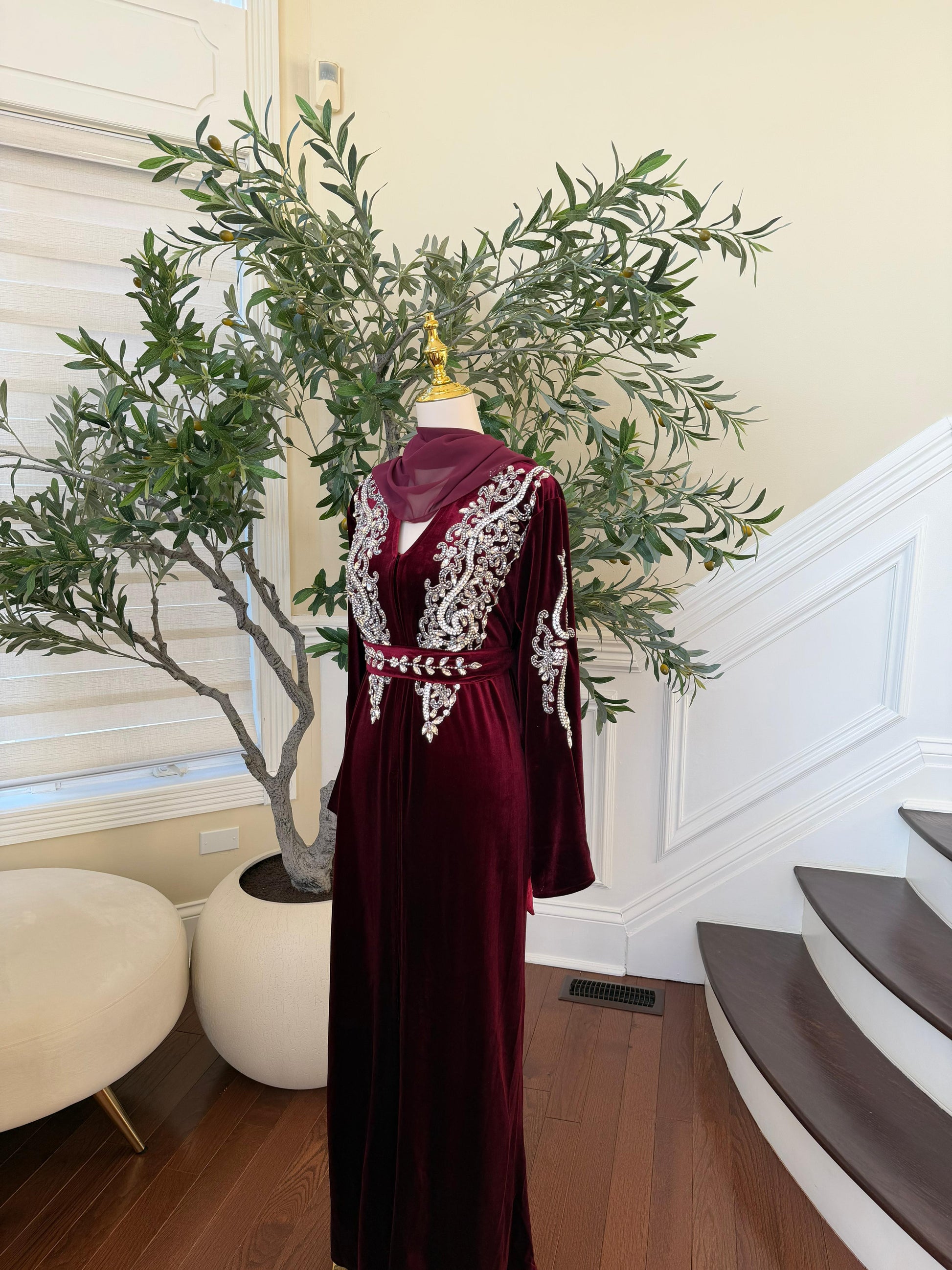 Red Velvet Beaded Stone Charm Abaya