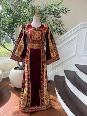 Burgundy Embroidery Tatreez Velvet Thobe