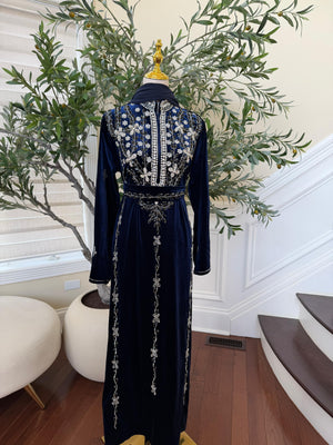 Navy Blue Velvet Beaded Stone Charm Abaya