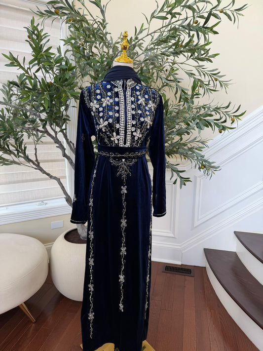 Navy Blue Velvet Beaded Stone Charm Abaya