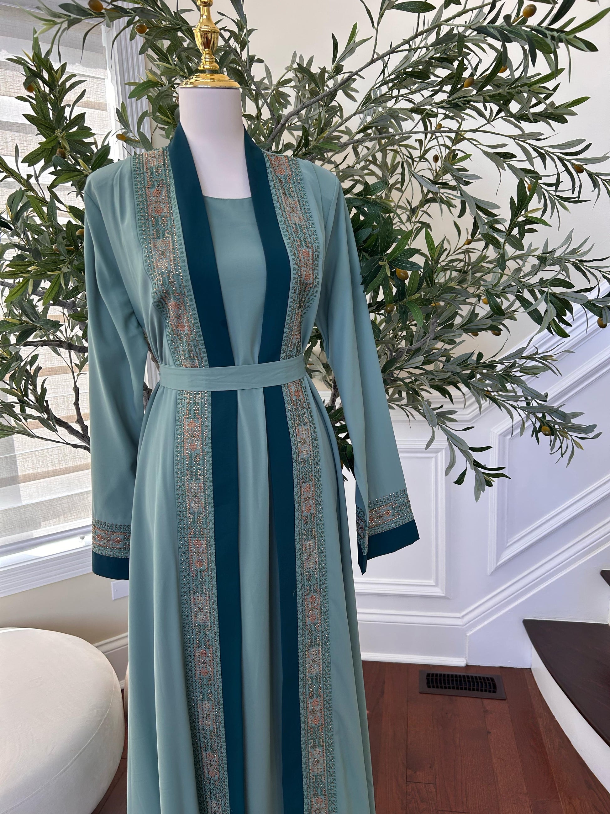 Teal Harmony Two Piece Tatreez Beaded Abaya