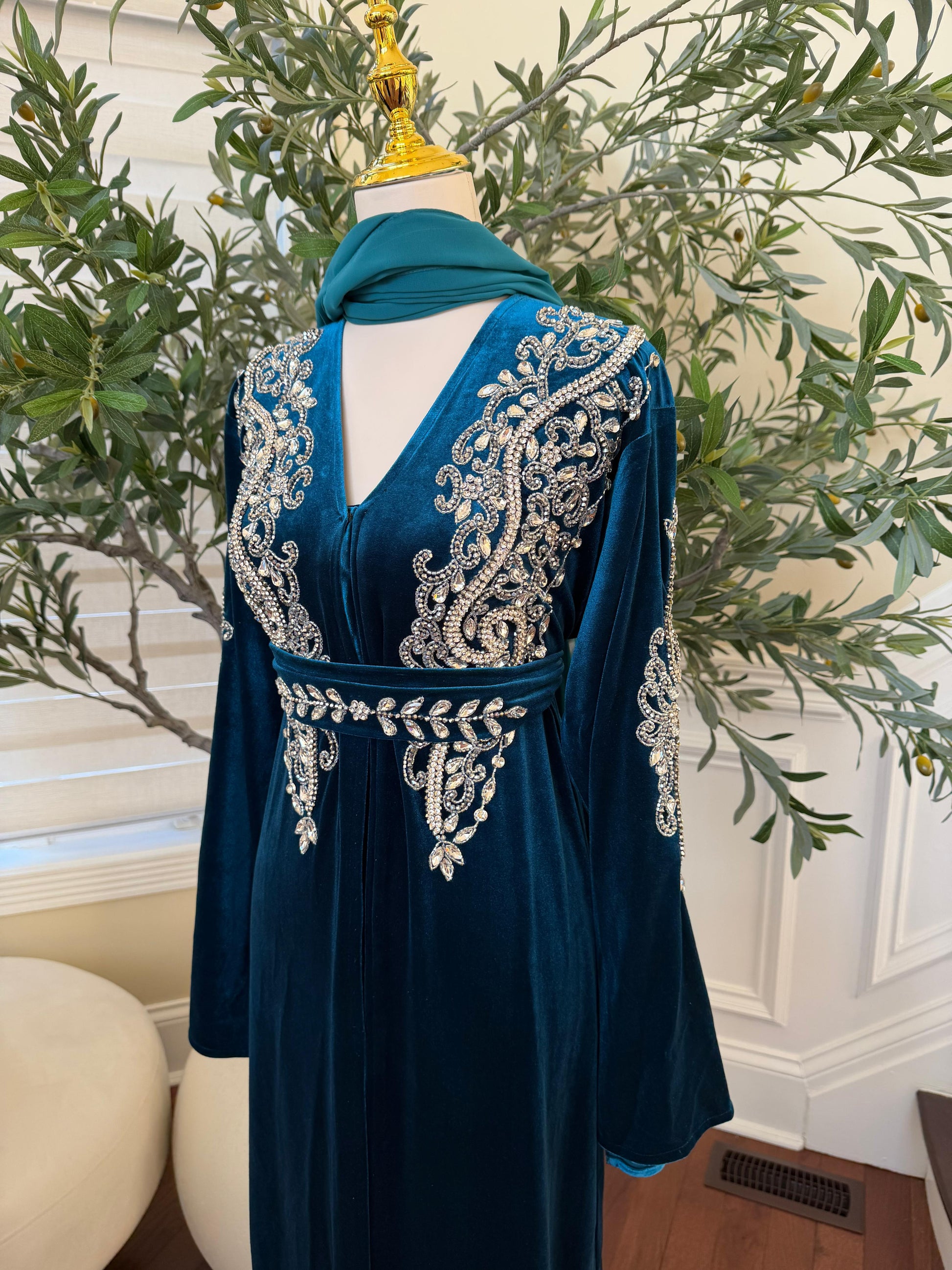 Turquoise Velvet Stone Beaded Abaya