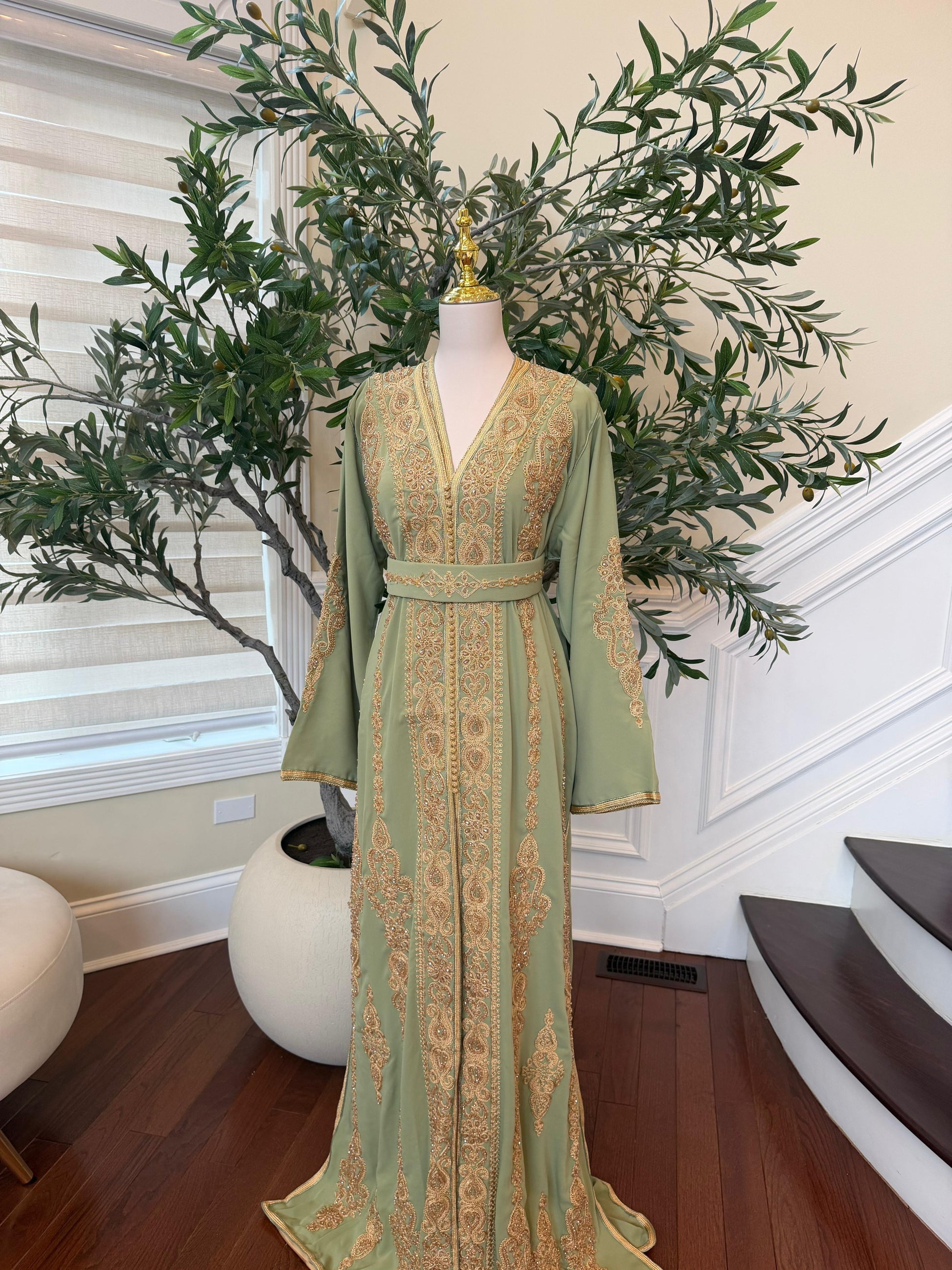 Sage Green Golden Embroidery Kuftan