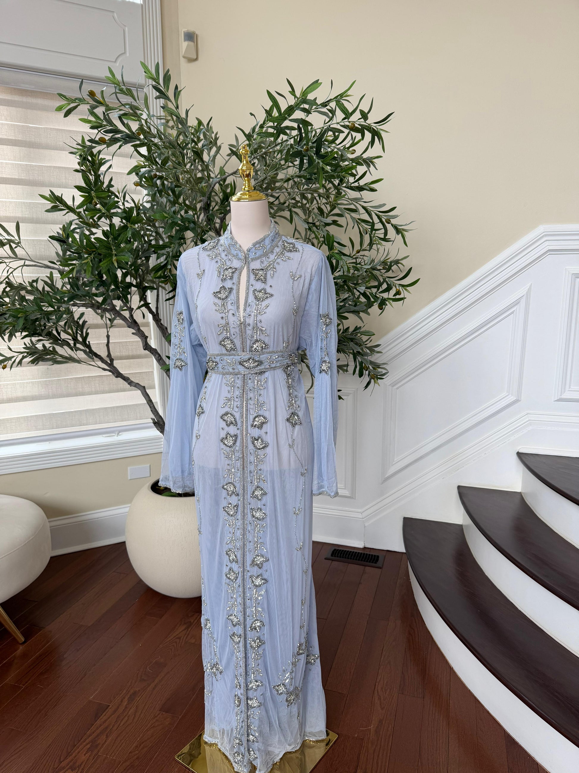 Baby Blue Cardigan Silver Abaya