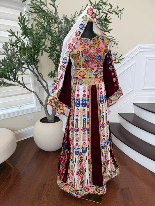 Velvet Maroon and White Traditional Tatreez Sabal Kharaz Detail Thobe