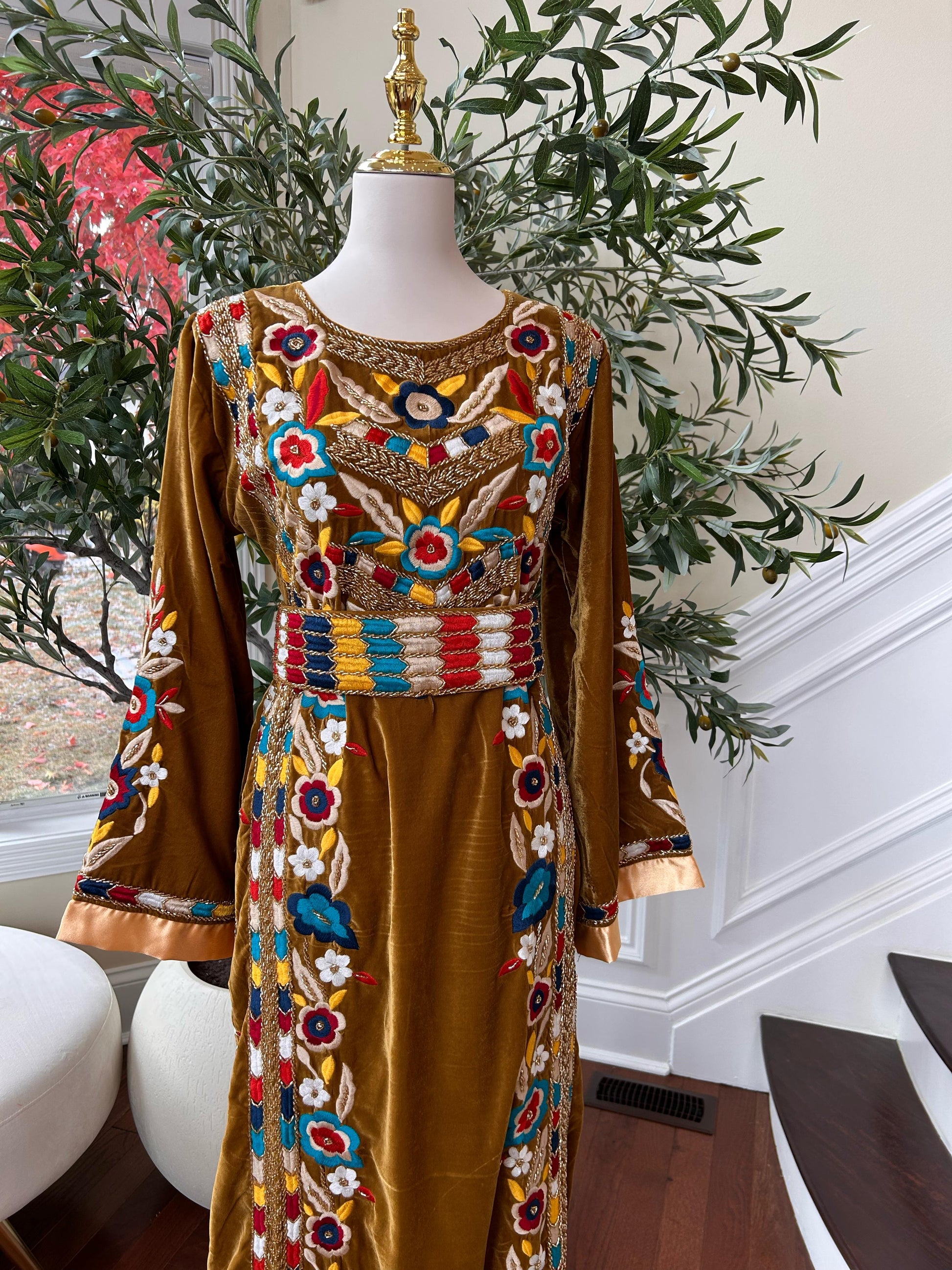 Golden Mustard Velvet Beaded Stone Thobe