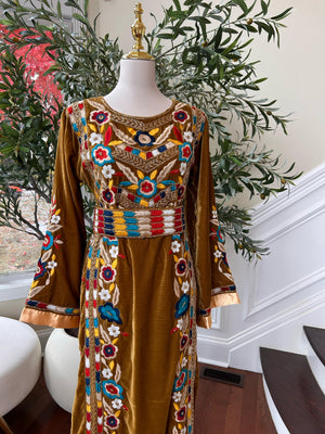 Golden Mustard Velvet Beaded Stone Thobe