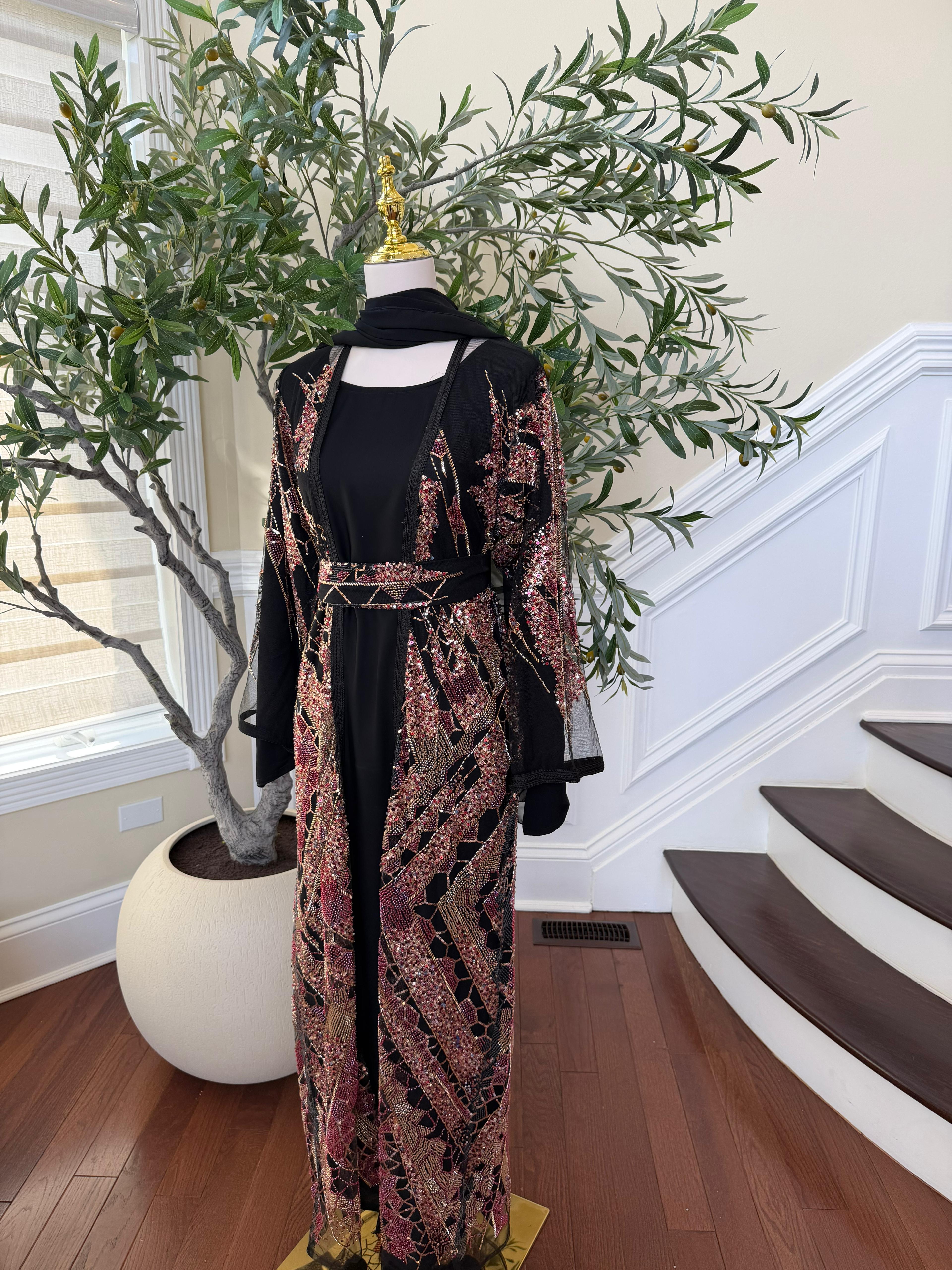 Black Sparkle Rose Beaded Cardigan Abaya