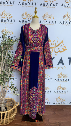 Refashioned Thoub with Exquisite Stone Embroidery on Luxurious Blue Velvet