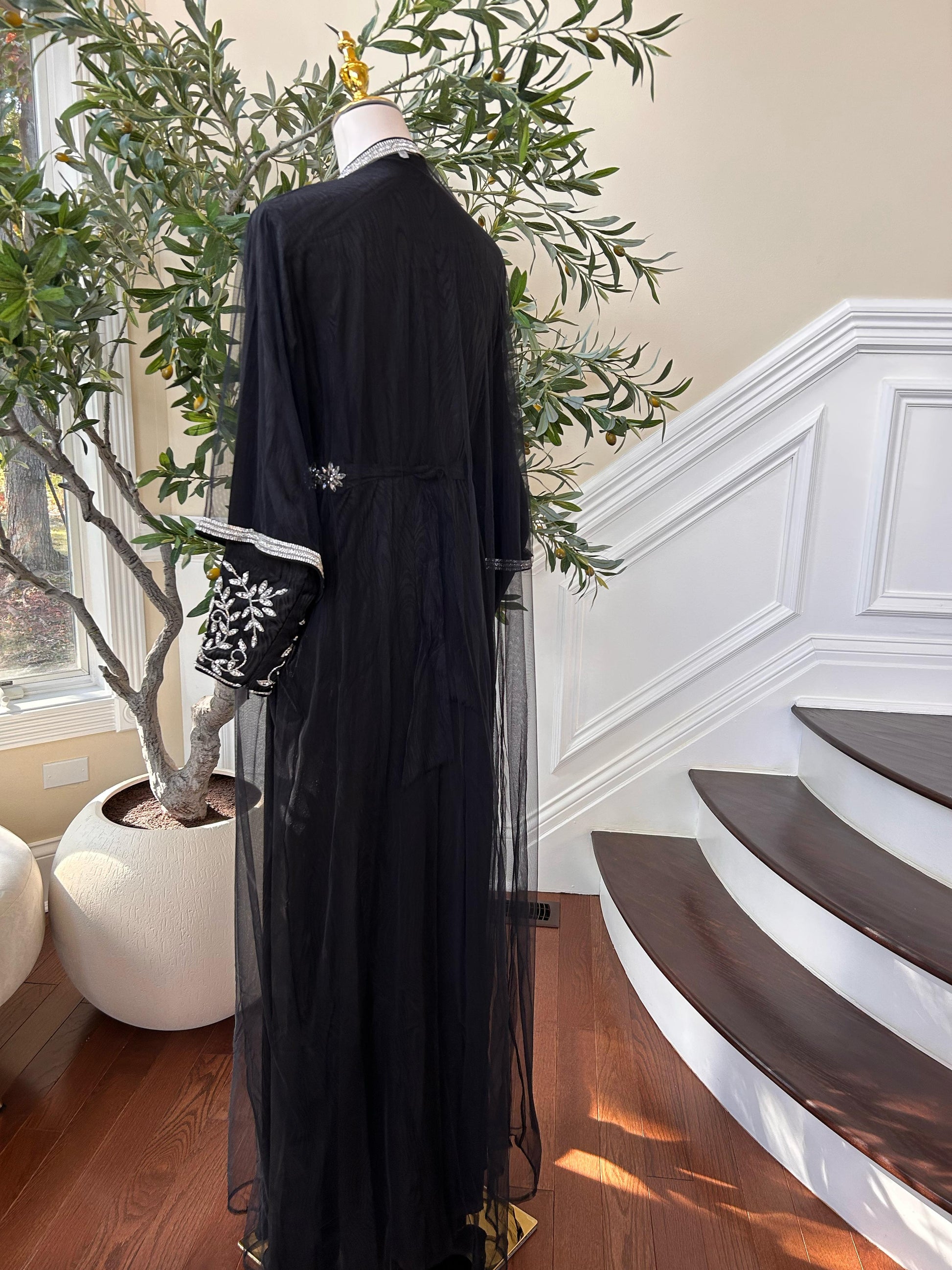 Black Silver Stone Beaded Kuftan