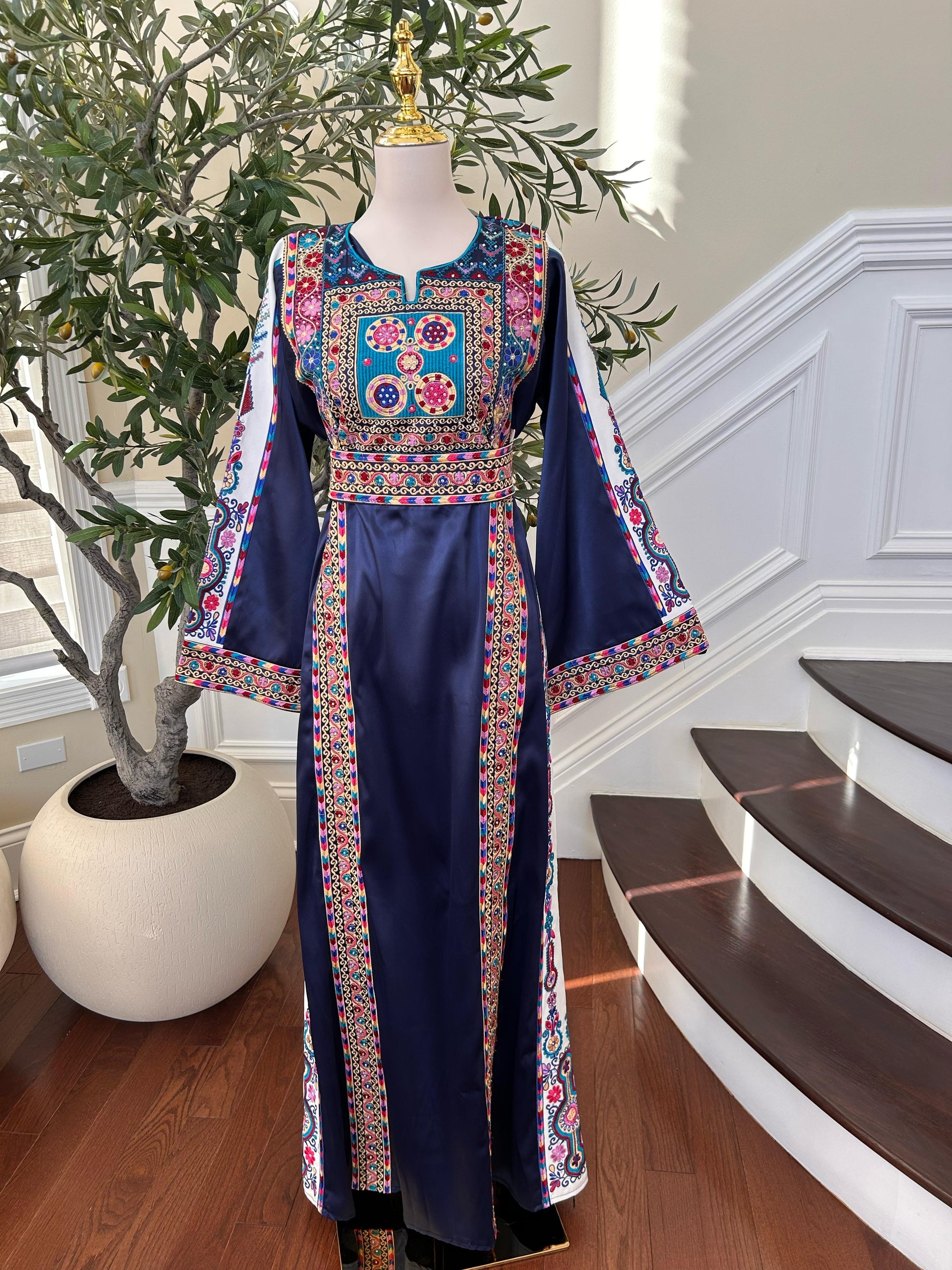Navy Blue Satin Embroidered Tatreez Thobe