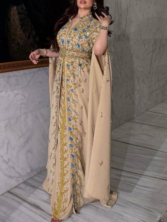 Peach Floral Sequin Beaded Kuftan