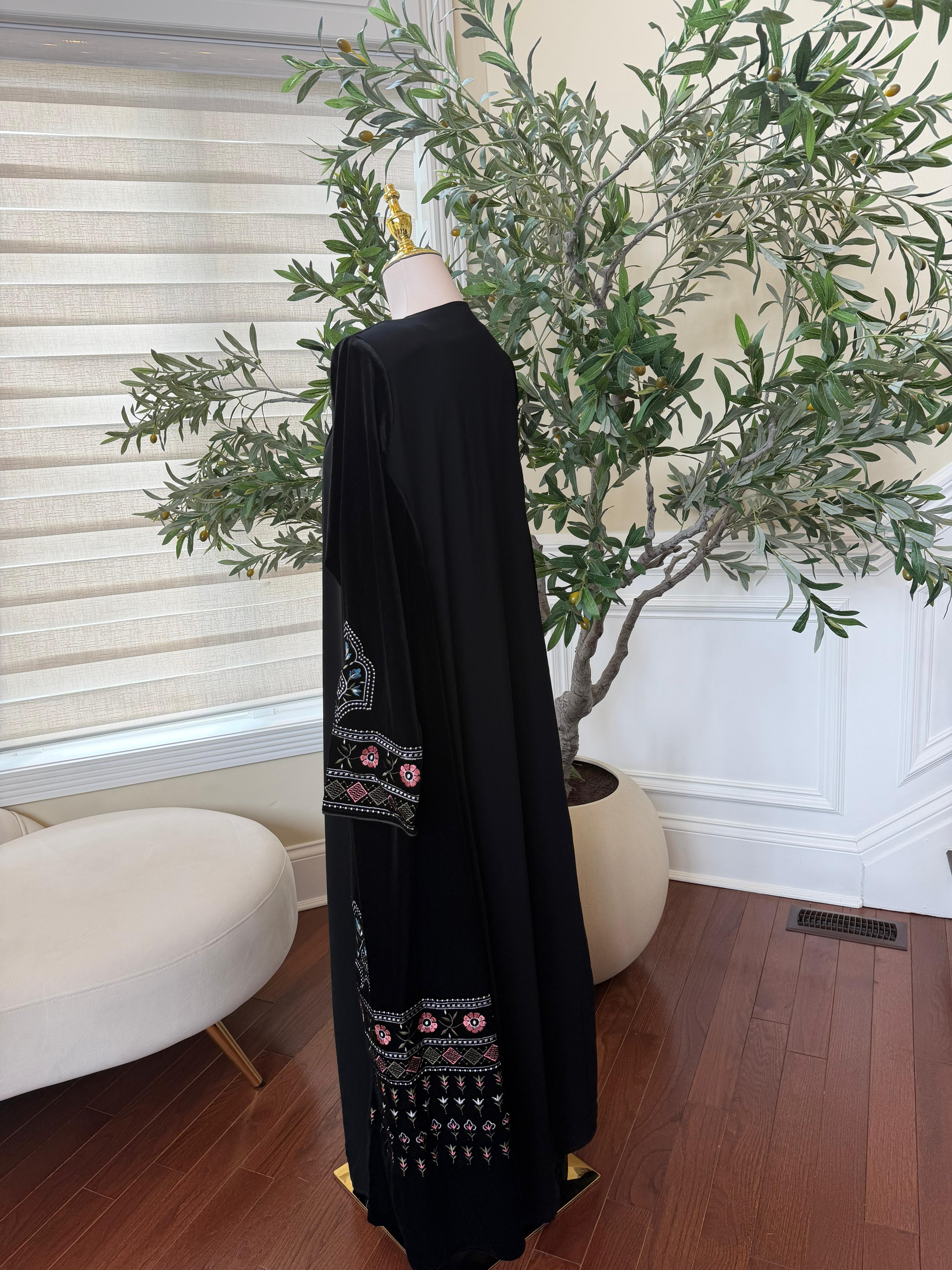Black Velvet with Chiffon Embroidery Two Piece Abaya