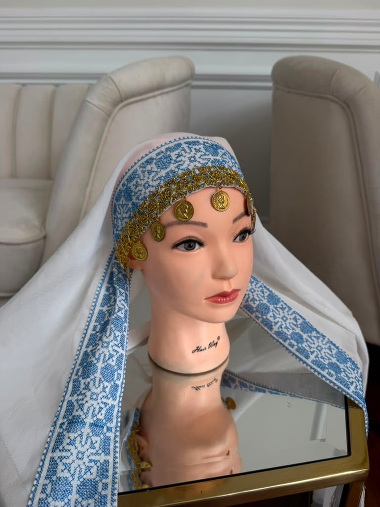White Embroidery Baby Blue Tatreez Khirka Shal