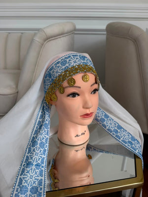 White Embroidery Baby Blue Tatreez Khirka Shal