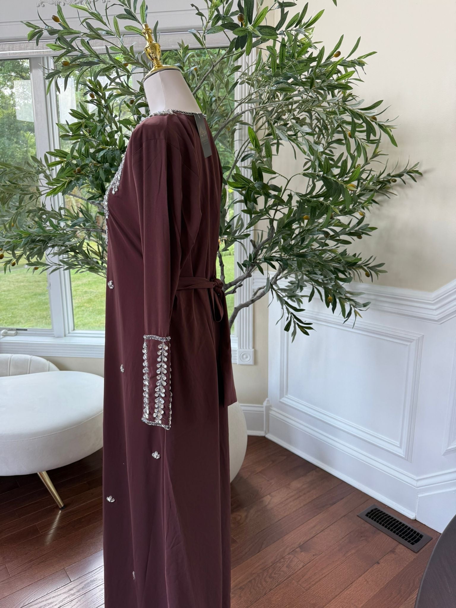 Burgundy Glow – Kaftan with Cascading Crystal Neckline