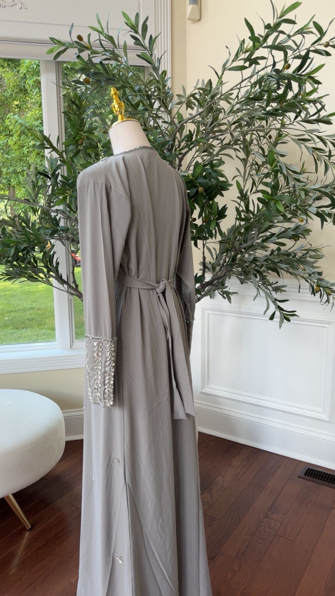 Moonlight Grace – Soft Grey Kaftan with Silver Embellished Design