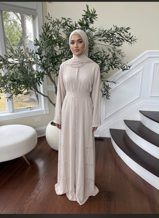 Cream Elegance Beaded Charm Abaya
