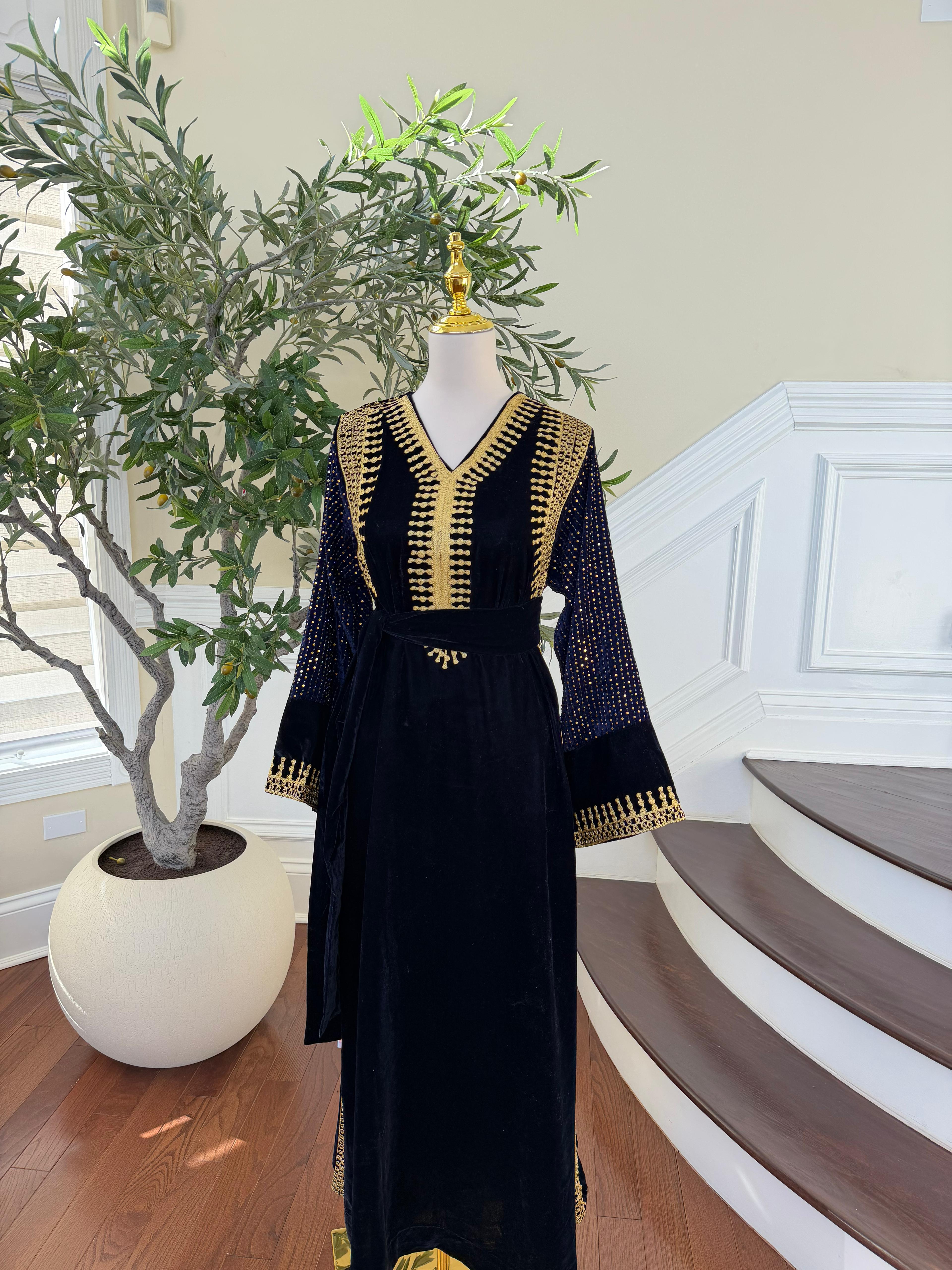 Navy Blue Velvet Celestial Gold Dress