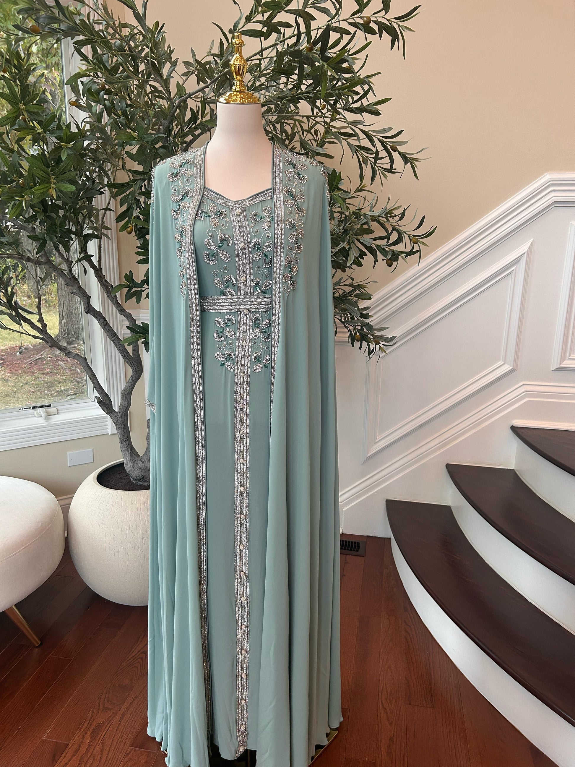 Mint Blue Silver Stone Elegance Kuftan