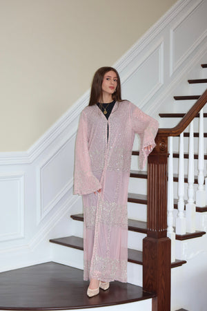 Pink Radiance Abaya – Crystal Elegance in Rose Glow