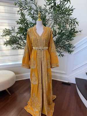 Yellow Embroidery Beaded Kuftan