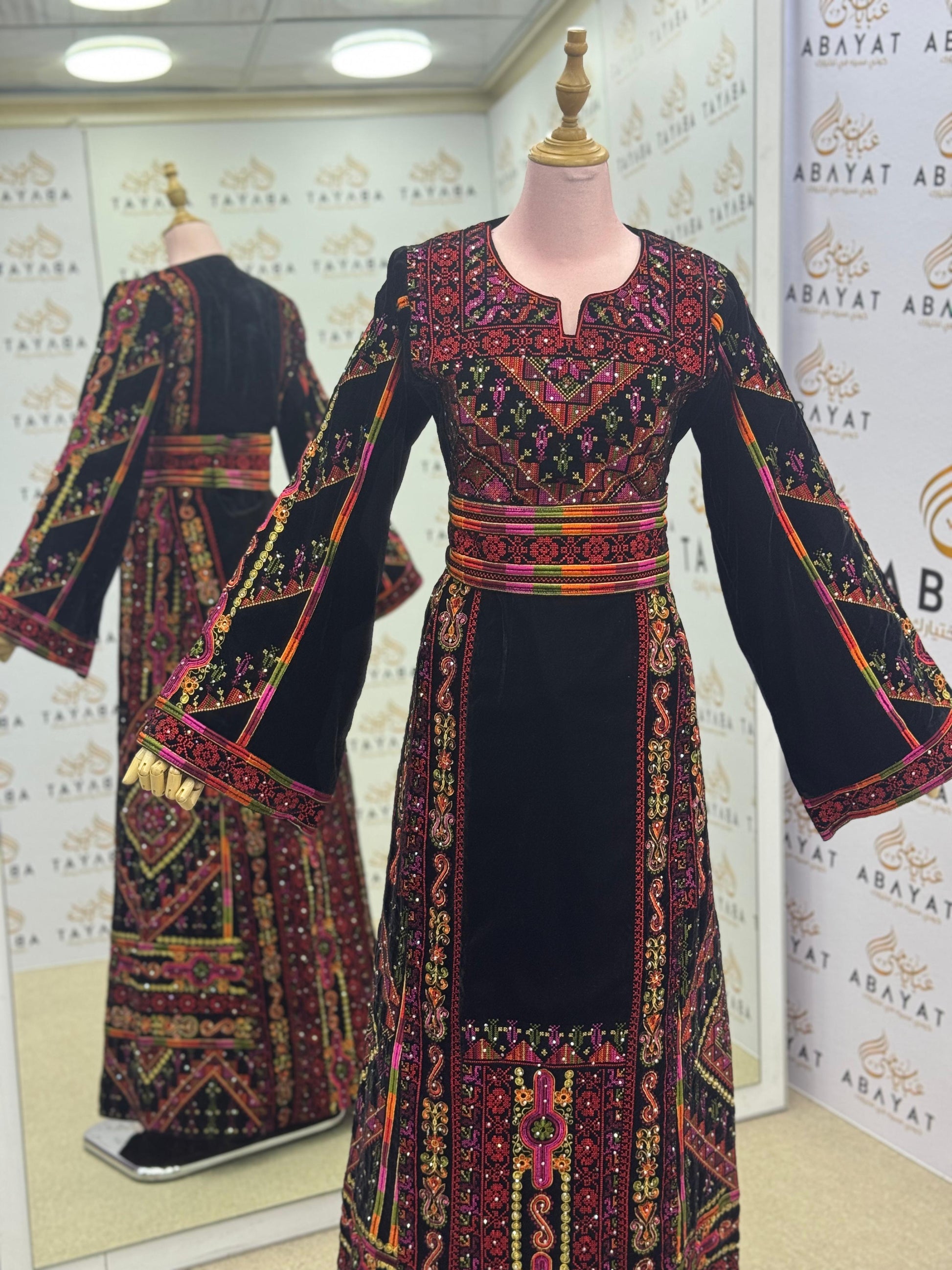 Palestinian Embroidered Thobe – Black Velvet with Multicolor Tatreez Detailing” A09012025