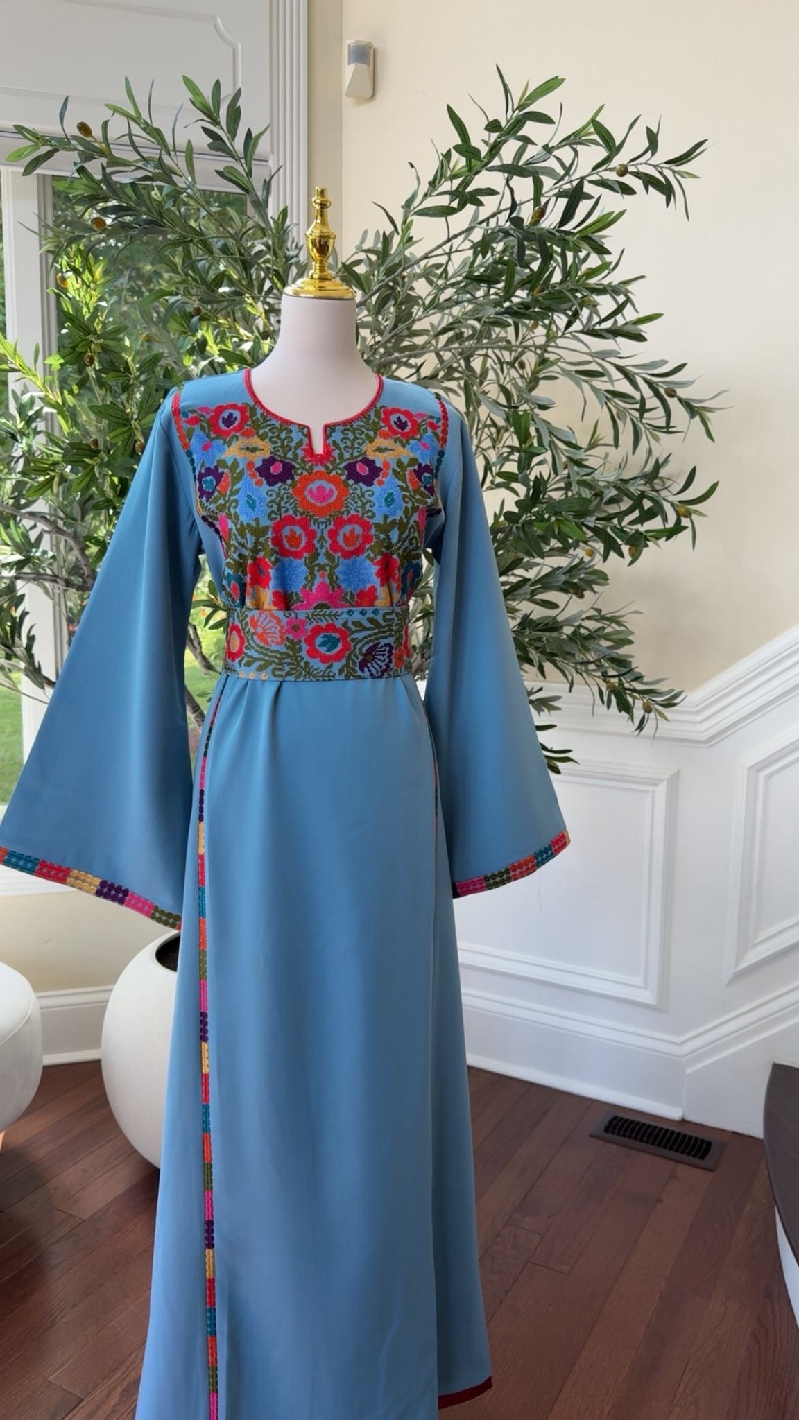 Blue Elegance with Traditional Floral Embroidery