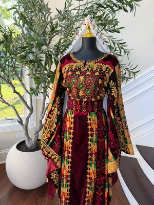 Burgundy Velvet Embroidery Tatreez Thobe
