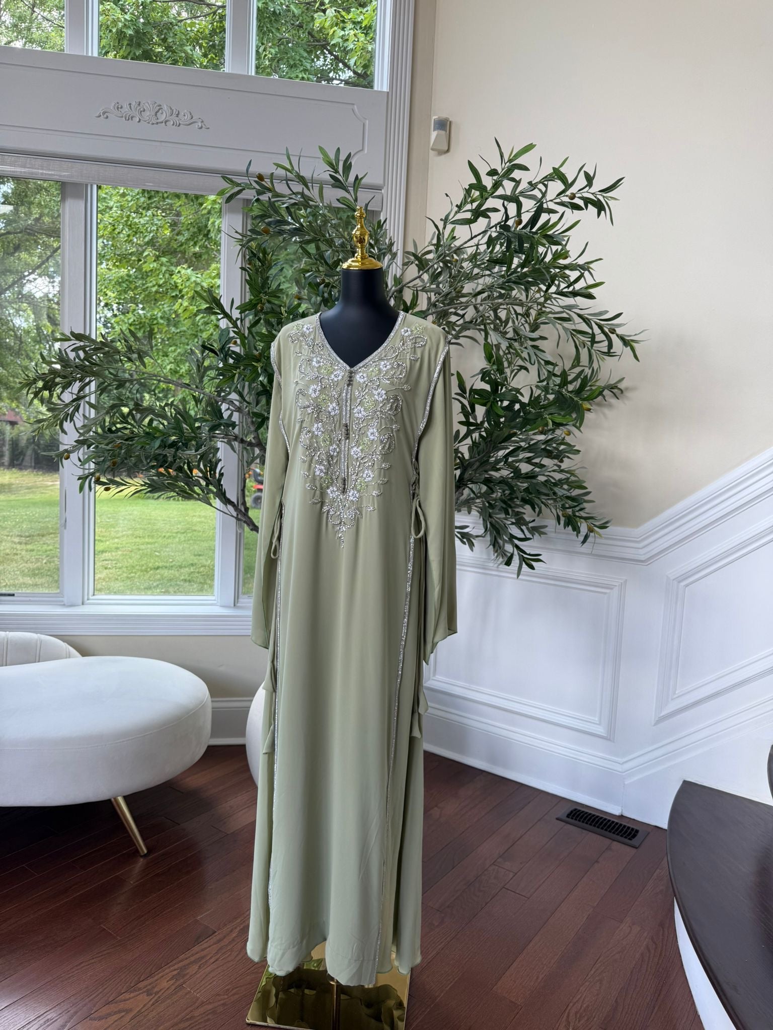 Elegant Sage Green Embroidered Kaftan – Formal Occasion Wear
