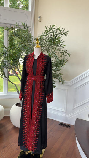 Red Tatreez Embroidery Abaya
