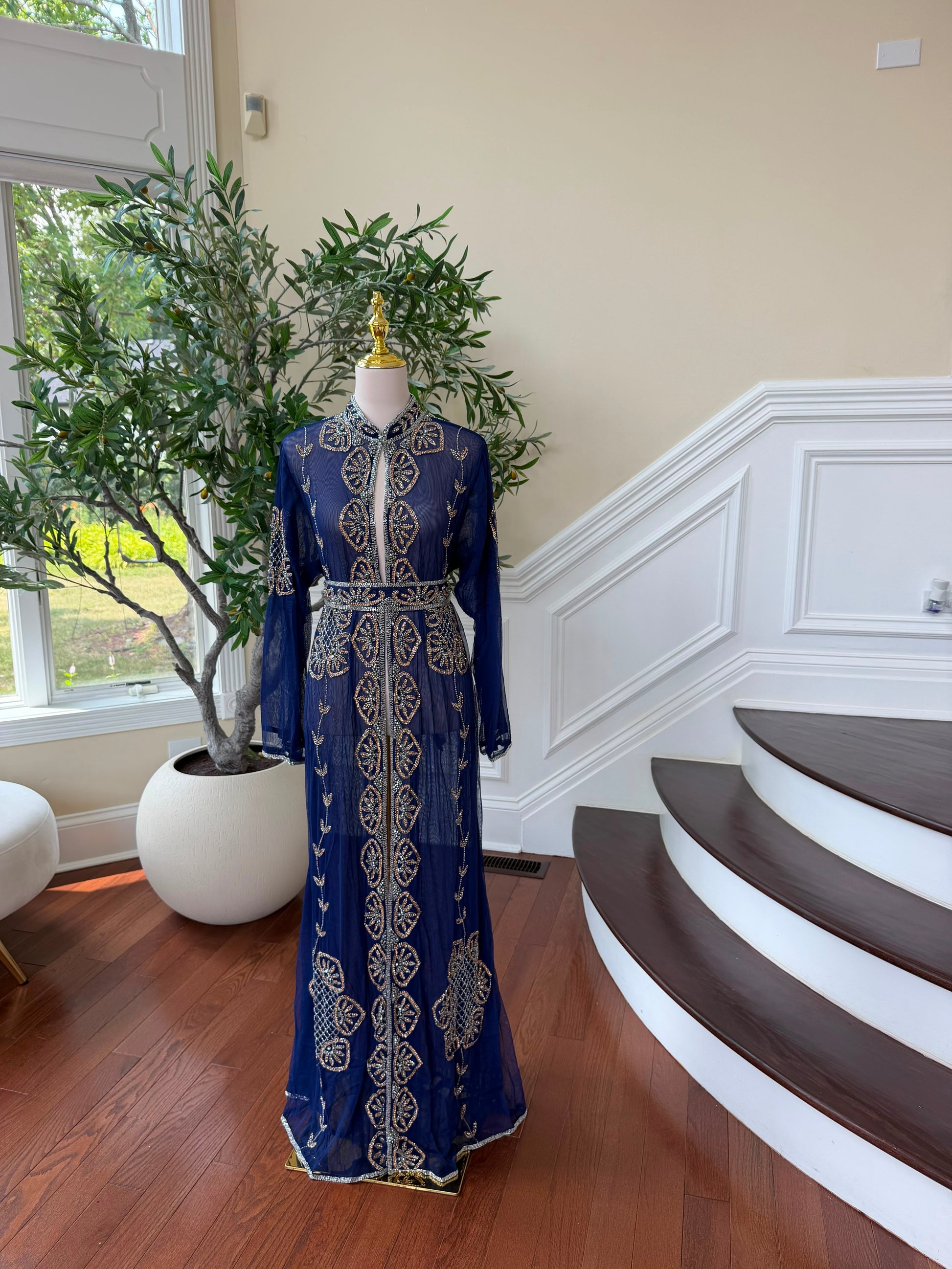 Blue Beaded Embroidery Cardigan Abaya