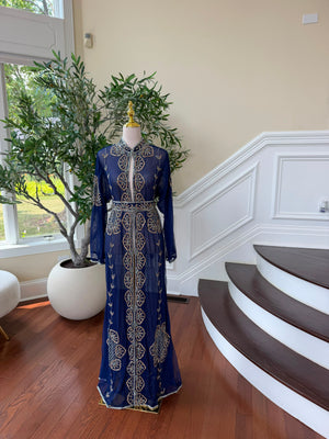 Blue Beaded Embroidery Cardigan Abaya