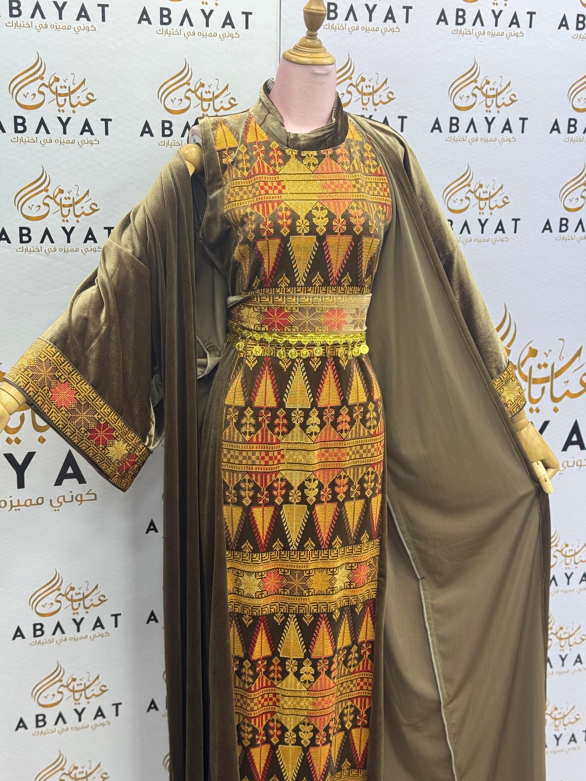 Olive Velvet Palestinian Thobe with Traditional Tatreez Embroidery A1968
