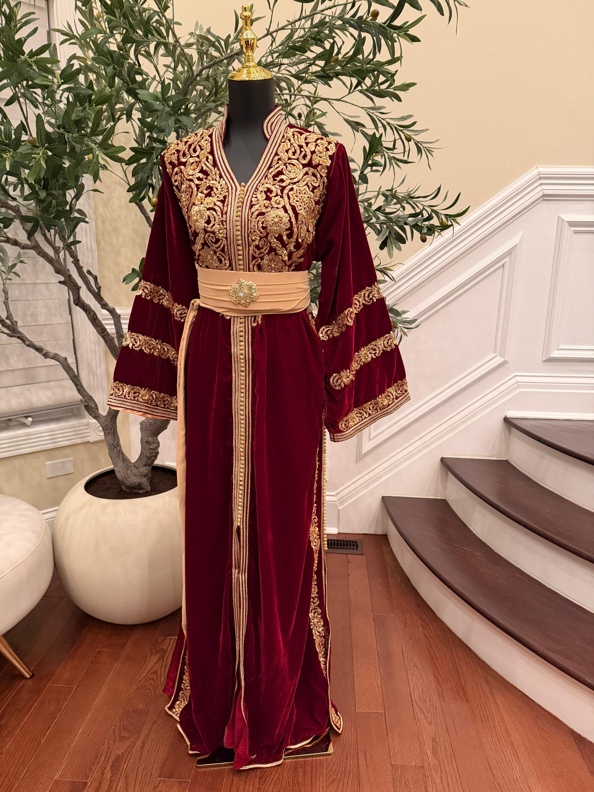 Red Majestic Velvet Kuftan with Golden Embellishment