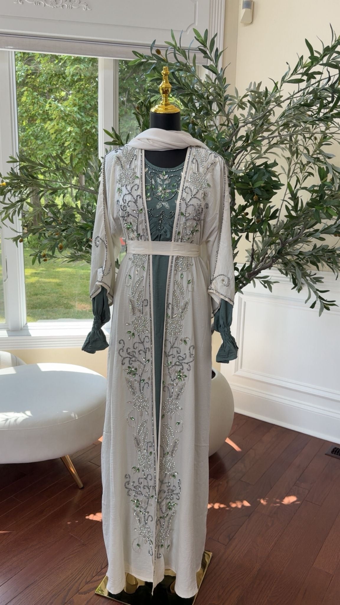 White Two Piece Beaded Abaya