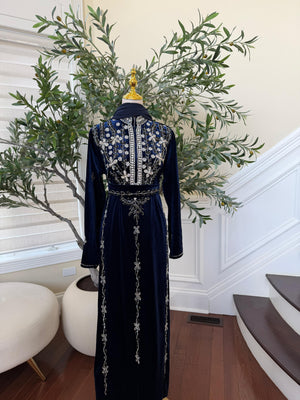 Navy Blue Velvet Beaded Stone Charm Abaya