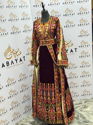 Burgundy Velvet Palestinian Embroidered Thobe with Multicolor Tatreez, Traditional Shawl & Overskirt Set